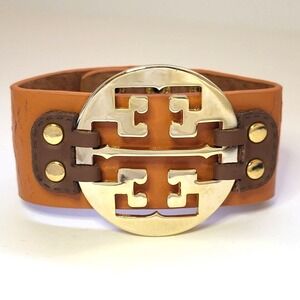 Wardani NY Tan Genuine Leather Snap Cuff‎ Bracelet Gold Plated Emblem Signed